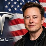 Elon, a Tesla logo and the US flag template