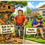 A tired middle-aged man stands proudly next to a messy backyard