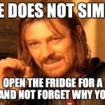 One Does Not Simply | ONE DOES NOT SIMPLY; OPEN THE FRIDGE FOR A SNACK AND NOT FORGET WHY YOU CAME | image tagged in memes,one does not simply | made w/ Imgflip meme maker