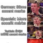 Languages ranked by accent marks! | English & Dutch: very rarely accent marks; German: Söme accent marks; Spanish: More acceñt márks; Turkish: ÉVĘN MÔRE accent marks; Vietnamese: THĒŸ'RĖ ÊVĒRÝWHĘRË | image tagged in vince mcmahon 5 tier,accent,accent marks | made w/ Imgflip meme maker