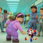 Abby pointing at Pomni. (Wait how did that jester girl got in here?) | image tagged in turning red,the amazing digital circus,tadc,pomni,pointing,funny | made w/ Imgflip meme maker