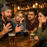 Use a picture of someone telling a wild story while others look