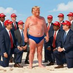 Trump swimming suit beach MAGA fans kneeling Emperor no clothes meme