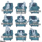 wheres your spot? | neutral good (me); chaotic good; lawful good; true neutral; chaotic neutral (also me); lawful neutral; neutral evil; chaotic evil; lawful evil | image tagged in chair alignment chart | made w/ Imgflip meme maker