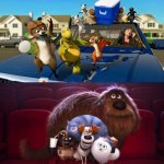 Max, Duke and Their Friends watching Over The Hedge (2006) | image tagged in the pets watching blank at cinema,dreamworks,over the hedge,the secret life of pets,illumination,memes | made w/ Imgflip meme maker