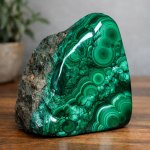 A 10 kg (approximately 22 lbs) polished malachite freeform is co