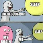 that me | sleep; everybody; sleep; my brain; me | image tagged in memes,running away balloon | made w/ Imgflip meme maker