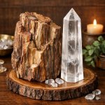 petrified wood and a clear quartz obelisk together