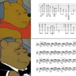 Guitar tabs vs sheet music | image tagged in memes,tuxedo winnie the pooh,music,guitar | made w/ Imgflip meme maker