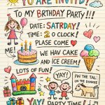 Funny and crooked invitation letter written and drawn by 5 year