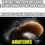 Amateurs... | *Kids acting cocky because they're going to the 3rd grade*; Me going to the mental hospital:; Amateurs | image tagged in realistic mighty eagle | made w/ Imgflip meme maker