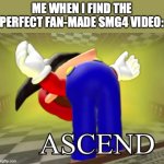 P 3 R F 3 C T 1 0 N ! ! ! | Me when I find the perfect fan-made SMG4 video: | image tagged in smg4 mario ascends,smg4 | made w/ Imgflip meme maker