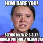 W12 6.3ltr | How dare you! Seeing my W12 6.3ltr parked outside a vegan cafe | image tagged in greta thunberg angry | made w/ Imgflip meme maker