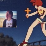 Based Christian cross repels @hpad2 | image tagged in misty holding a cross,vacuum cleaner,christian memes,based,christianity,pokemon | made w/ Imgflip meme maker