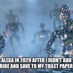 Terminator 2 robots | Alexa in 2029 after I didn't add Subscribe and Save to my toilet paper order | image tagged in terminator 2 robots,remix | made w/ Imgflip meme maker