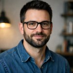 Man in 30s with beard and dark short hair and dioptric galssea