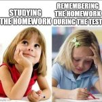 Study the homework | Studying the homework; Remembering the homework during the test | image tagged in happy sad girl,study,test,exam,homework | made w/ Imgflip meme maker