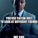 Image Title | I use imgflip just to look at funny memes; You use TikTok just to look at different trends; We are not the same | image tagged in gus fring we are not the same,memes,funny,tiktok | made w/ Imgflip meme maker