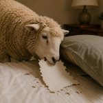 Sheep eats paper