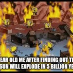 What's the worst fact you learned as a child? | 6-year old me after finding out that the sun will explode in 5 billion years | image tagged in gifs,spongebob | made w/ Imgflip video-to-gif maker