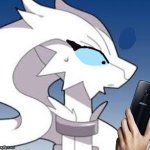 reshiram with eyelashes holding phone in concern