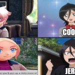 rukia's reactions to rivals | cool; jerk | image tagged in rukia's reactions,pokemon,bleach,nintendo switch,animeme,crossover memes | made w/ Imgflip meme maker