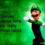 Steven Universe fans... | Steven Universe fans are likely the most rabid. | image tagged in fun facts with luigi,steven universe,cartoon network,fandom | made w/ Imgflip meme maker