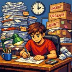 man doing drawing while there is pile of work behind him waiting