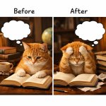 One picture of a cat reading a book with a blank thought bubble