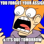 When you forgot your assignment | When you forgot your assignment; & it's due tomorrow | image tagged in matt screaming,assignment,eddsworld,screaming | made w/ Imgflip meme maker