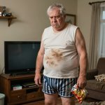 Elderly fat man in boxer shorts and dirty t-shirt