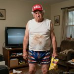 Elderly MAGA fat man in boxer shorts and dirty t-shirt