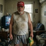 Elderly MAGA fat man in boxer shorts and dirty t-shirt