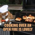 Cooking over an open fire is lovely | Cooking over an open fire is lovely | image tagged in bbq cat,autism,cooking,bbq,fire | made w/ Imgflip meme maker