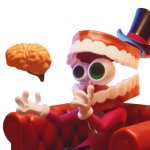 Caine sitting down and holding Brain
