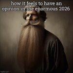 old man standing with very long blonde bright beard | how it feels to have an opinion in the enormous 2026 | image tagged in old man standing with very long blonde bright beard | made w/ Imgflip meme maker