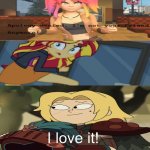 Sasha enjoys Not-Sunset’s other comeuppance | I love it! Sasha | image tagged in ruin this fill in meme 204,deviantart,amphibia,smg4,mlp,sunset shimmer | made w/ Imgflip meme maker