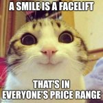 Smiling Cat | A smile is a facelift; That's in everyone's price range | image tagged in memes,smiling cat | made w/ Imgflip meme maker
