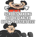 Buff Mickey Mouse | School handing out snacks anytime else; Schools handing out out snacks during the state test | image tagged in buff mickey mouse | made w/ Imgflip meme maker