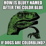 Image Title | How is Bluey named after the color blue; If dogs are colorblind? | image tagged in memes,philosoraptor,oh wow are you actually reading these tags | made w/ Imgflip meme maker