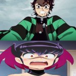 tanjiro headbutts kurama | image tagged in tanjiro headbutts who,demon slayer,anime,urusei yatsura,anime memes,crossover memes | made w/ Imgflip meme maker