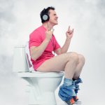 Guy on toilet with headphones