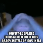 where what bro? | How my 4.0 GPA bro looks at me after he gets 98.99% instead of 100% in ela | image tagged in gifs,lol,funny | made w/ Imgflip video-to-gif maker