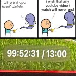 i have no clue what to put here | i wish that any youtube video i watch will never end | image tagged in 3 wishes,funny,memes,genie,wish,youtube | made w/ Imgflip meme maker