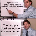 Jim Halpert Pointing to Whiteboard | If your movie isn’t going to release for more then two months; Then simply don’t announce it a year before | image tagged in jim halpert pointing to whiteboard | made w/ Imgflip meme maker