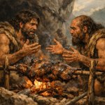 Two cavemen discuss something important over a roasting animal c