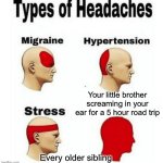 Infinitely relatable sibling meme | Your little brother screaming in your ear for a 5 hour road trip; Every older sibling | image tagged in types of headaches meme,siblings,funny,headaches | made w/ Imgflip meme maker