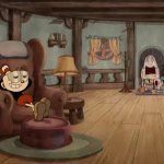 Cuphead Show Grieving In Background, Chilling in Foreground meme
