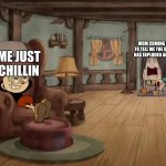 A meme I made using a random image from an r/explainthisscreen post | Mom coming in to tell me the shed has exploded again; Me just chillin | image tagged in cuphead show grieving in background chilling in foreground,what | made w/ Imgflip meme maker