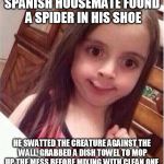 It is ok, he said. They have proteins, he said. | SPANISH HOUSEMATE FOUND A SPIDER IN HIS SHOE HE SWATTED THE CREATURE AGAINST THE WALL, GRABBED A DISH TOWEL TO MOP UP THE MESS BEFORE MIXING | image tagged in never mind girl,disgusting,awkward moment | made w/ Imgflip meme maker